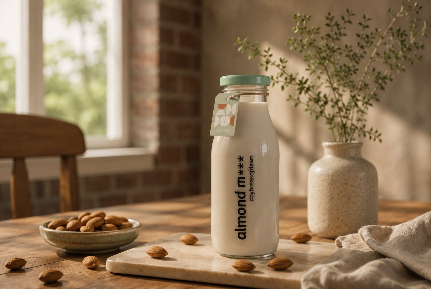 A bottle of Break of Dawn almond milk on a wooden table in soft morning light