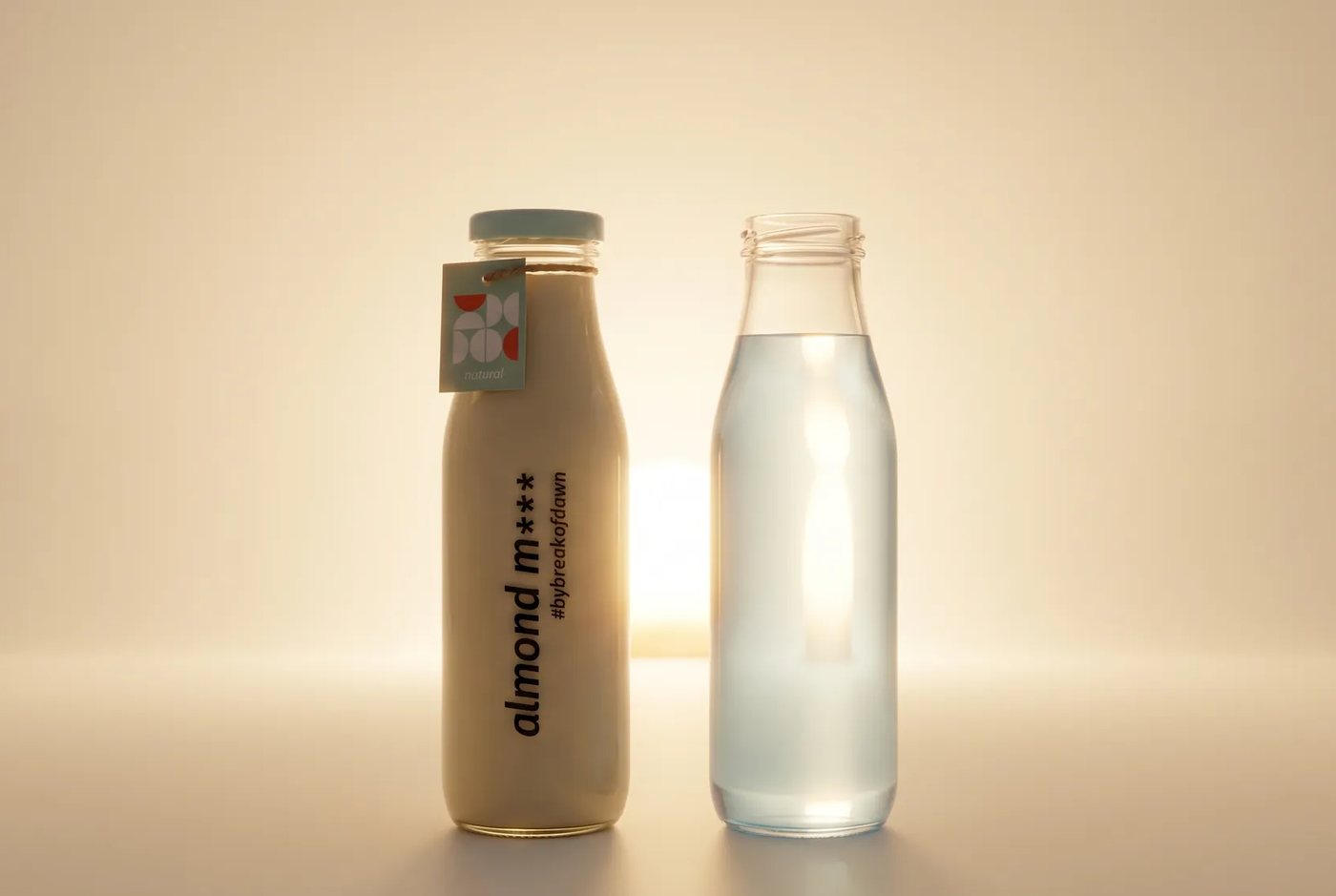 Two bottles held against warm light: dense, opaque fresh almond milk beside a thin, translucent pour