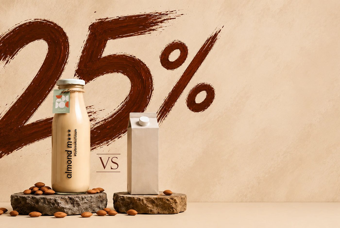 A Break of Dawn almond milk bottle beside a plain unbranded carton, almonds scattered between them